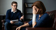 © Mirivox - Woman in distress with bandaged arm, talking to a man, symbolizing mental health support and therapy session