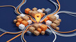© Nitro arts - 3D graphic illustration representing logistics, supply chain management, and delivery tracking. It features a central location pin surrounded by cardboard shipping boxes and interconnected routing