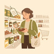 © mujenah - A woman checking prices while shopping at a grocery store.