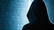 © Generative AI - Silhouette of a hooded figure against a digital binary code background in blue tones.