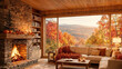 © Tina - Cozy cabin living room with roaring fireplace and stunning autumn mountain view, fall backdrop, virtual meeting background, ms teams background, zoom meeting backdrop, digital meeting background