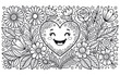 © AnjumanAra - A detailed black and white coloring page featuring a happy smiling heart surrounded by beautiful blooming garden flowers.