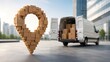 © M@rketVisualsStudio - Delivery logistics and shipment tracking concept with a large cardboard box location pin and a commercial cargo van in a modern city environment
