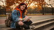 © Alex & M Studio - Creative teenage girl sketching in notebook while sitting on bleacher steps at park during autumn sunset, denim jacket, backpack, ripped jeans, warm colorful foliage, thoughtful expression, copy space