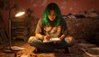 © Alex & M Studio - Teenage artist with colorful hair sketching in notebook while sitting cross-legged on floor in messy creative bedroom, desk lamp lighting, art supplies scattered around, focused expression, copy space