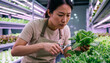© buena17 - Focused young Asian female urban farmer harvesting fresh green lettuce with scissors on vertical indoor hydroponic farm