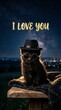 © richard - Cool black cat wearing a hat and glasses with i love you text