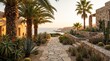 © SidArtic - Luxury Mediterranean villa stone pathway with palm trees and ocean view at sunset