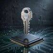 © Sabrina - Futuristic digital key floating above integrated circuit microprocessor