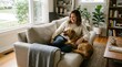 ©  SR Creative Lab - Woman relaxing on a sofa with her dog at home in a cozy living room interior