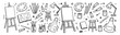 © Creative Lab - Hand drawn doodle vector mega pack of art studio featuring easel, canvas, paint palette, brushes, paint tubes, sketchbook, artist stool, paint supplies and creative tools isolated on white background