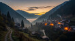 © koso - Golden hour over a mountain village with winding roads and foggy valleys, highlighting peaceful rural life and dramatic landscape light between towering peaks