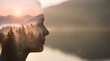 © Natallia - Human head silhouette filled with peaceful forest landscape, trees, mountains and sunrise inside, double exposure silhouette