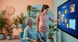 © Yama - Nurse assists elderly woman with memory game on interactive digital screen, promoting cognitive health and engagement.