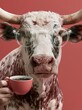 © Alper AI - A cow wearing glasses and holding a cup of coffee, looking directly at the camera