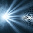 © Generative AI - Bright light rays burst from a glowing source against a dark blue perforated metal background with atmospheric smoke effects.
