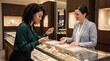 © FrameFlow - Woman jewelry store customer, with interested expression browsing, examining necklace, retail shop, commerce photography