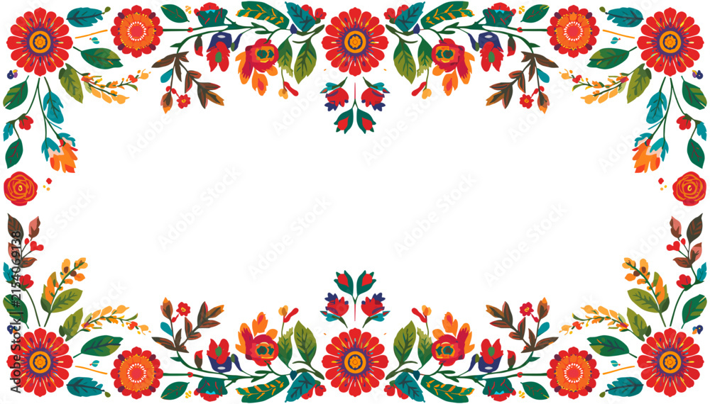 Vibrant folk art floral border with colorful flowers and leaves ...
