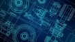 © Stocker - Detailed engineering blueprint of mechanical parts and machinery in blue neon lines on dark background, representing industrial design and technical drawings.