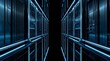 © rahul - Futuristic dark corridor with glowing blue neon lights, scifi server room or spaceship interior, hightech industrial background with metallic walls and reflective floor