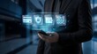 © PixelCraft Studio - Professional businessman in a black suit holds a glowing smartphone displaying secure financial icons with vibrant neon blue holographic interface