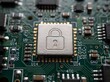 © AamirSohail - Digital cybersecurity concept featuring padlock icon engraved onto central microprocessor chip surface green circuitry background