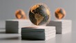 © Api - Digital globe hovers above stack of papers, global network