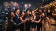 © rubia4511 - A group of diverse friends enjoying a celebratory night out on a rooftop bar, toasting with champagne against a backdrop of city skyline and fireworks