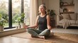 © Rafael - A tranquil woman meditating in a serene living room, bathed in soft natural light. Her eyes are closed, and she is seated comfortably in a lotus position on a cushion