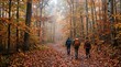 © Maicon - Three hikers walk along a leaf-covered trail through a vibrant autumn forest on a misty day, enjoying the colorful fall foliage.