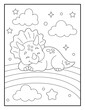 © laky - Cartoon Triceratops Lying on a Rainbow Coloring Book Page for Kids. Easy Printable Dinosaur Fantasy Activity.