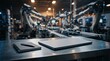©   BrightNest Studio - A laptop and notebook sit on a table overlooking robotic arms in an automated electronics assembly factory.