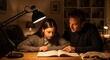 © Papi - Father helping his young daughter with school homework at a desk at night.