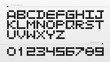 © King Designz - Geometric pixel alphabet and number typeface specimen in black.  Black geometric pixel typeface specimen displaying the complete uppercase alphabet and numerals in a modular square grid style.