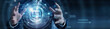 © FutureLogic Studio - Software engineering. Full stack developer holding glowing web development code over a global network on an abstract dark background. Front end application.