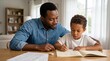 © Tapasii - An African American dad helping son with math homework at a dining table for diverse family education and tutoring concepts.