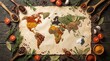 © Masque - A world map made from colorful spices and food ingredients on a rustic wooden table.