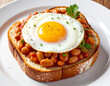 © Bill - Fried egg on baked beans on toasted wheat bread, white plate. AI