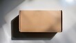 © Andrea - one single empty brown cardboard box sitting on a smooth light gray surface with soft natural light and shadows cast
