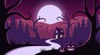 © MdJilu - A spooky pixel art landscape featuring a haunted house at night with a large full moon and glowing jack o lanterns in the foreground