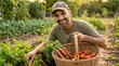 © Mr - Farmer holds a basket of fresh vegetables while harvesting in a garden.
