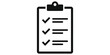© Jpeg shop opened - Black clipboard icon with checkmarks representing completed tasks and survey results in a professional minimalist flat business style.