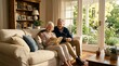 © NE97 - Senior couple reading a book together on a sofa in a cozy sunlit living room, enjoying peaceful retirement lifestyle at home.