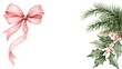 © PixelPulse Creative - Watercolor christmas composition with pink ribbon bow and pine branches with holly berries isolated on white background