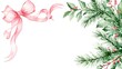 © PixelPulse Creative - Watercolor christmas corner frame with pink ribbon bow and pine branches with holly berries isolated on white background