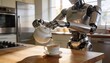 © Raphael - Robot Pouring Tea: A sophisticated humanoid robot meticulously pours tea from a teapot into a delicate cup in a modern kitchen, showcasing the future of domestic automation and convenience.