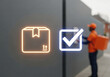 © SYATRI RAWU - Courier in orange uniform delivering package at residence door with glowing digital checkmark and cardboard box icons representing successful delivery.