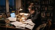 © Bruno Stock - Young woman studying late at night surrounded by books and notes with a laptop and desk lamp