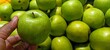 © EfendyA - Group of ripe delicious shiny green apples for sale at traditional outdoor agricultural produce market