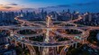 © Dara - A stunning aerial photograph captures a sprawling cityscape at twilight. A massive, multi-tiered highway system dominates the foreground, weaving through the urban landscape.